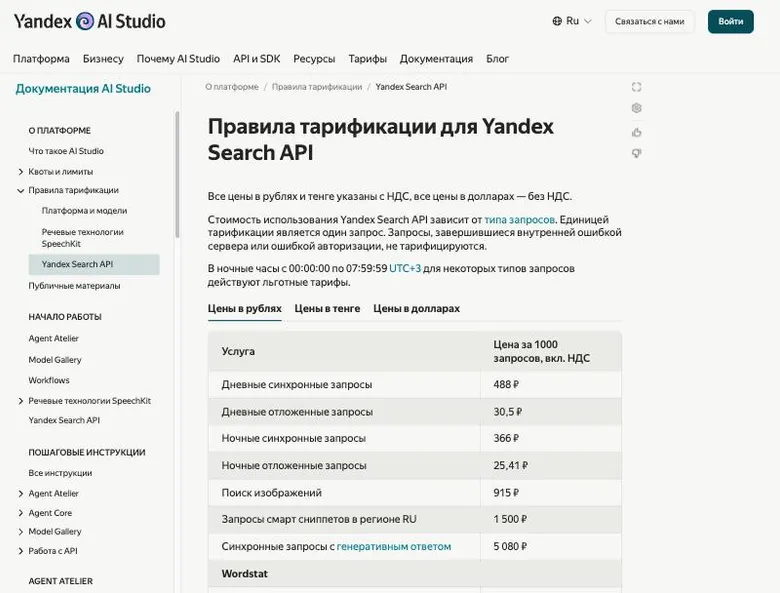 Страница правил тарификации Yandex Search API: таблица цен за 1000 запросов